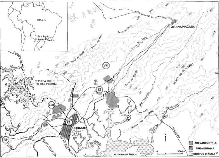 Figure 1. Map showing the location of the experimental sites at Serra do Mar (Pilões river valley: RP; Sea road: CM; Mogi river valley: VM) and of the monitoring stations of air quality of Cetesb (E1 and E2), in relation to the Industrial Complex of Cubatã