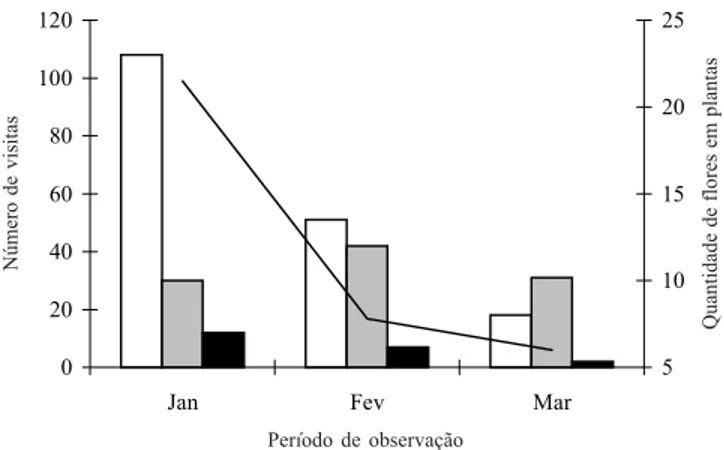 Figura 3. Freqüência de visitas realizadas pelos três principais visitantes ( =  Apis mellifera;   =  Trigona spinipes;