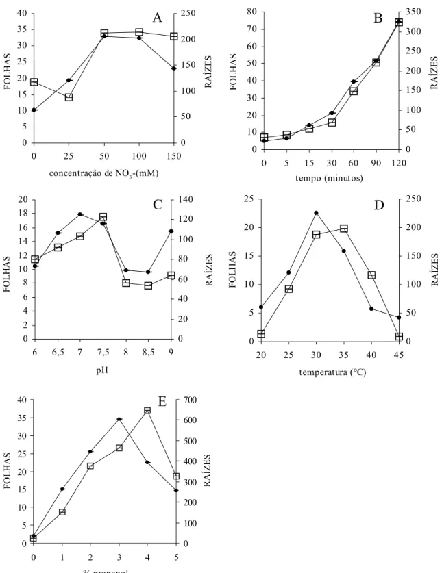 Figura 1. Padronização das condições do ensaio in vivo da redutase do nitrato para folhas (-!-!-) e raízes (-•-•-) de abacaxizeiro