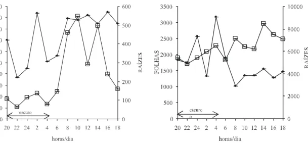 Figura 2. Atividade in vivo da redutase do nitrato durante o ciclo diurno nas folhas (-!-!-) e raízes (-•-•-) de abacaxizeiro.
