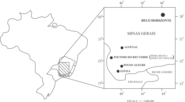 Figura 1. Mapa do Estado de Minas Gerais com os locais de coleta das populações avaliadas.
