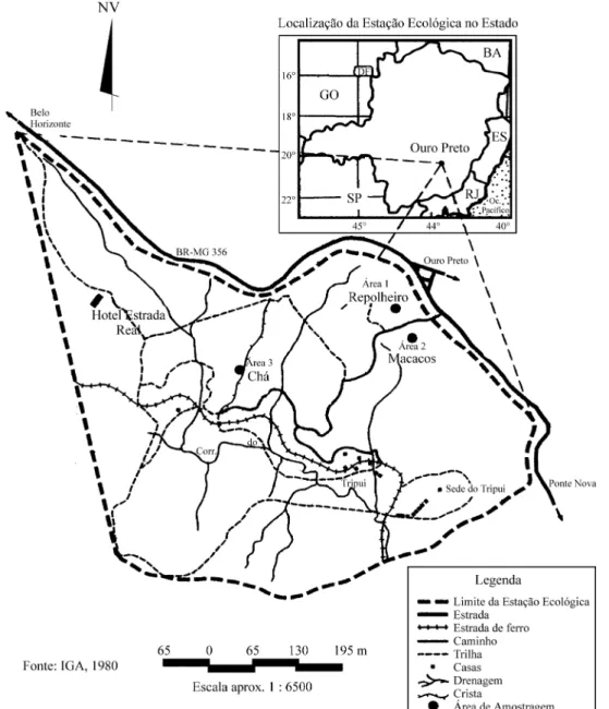 Figura 1. Localização da Estação Ecológica do Tripuí, em Ouro Preto (MG), e disposição dos três trechos amostrais.