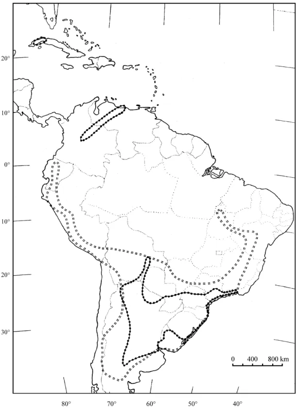 Figura 5. Padrões de distribuição de E.mexicana ssp. virescens (= = =) e E. airoides (•-•-•).