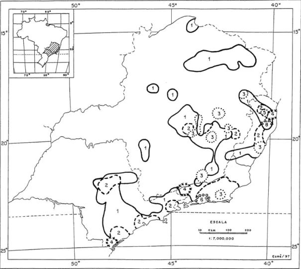 Figura 2. Distribuição geográfica do gênero Swartzia Schreb., com diversas isolinhas das espécies que ocorrem na região sudeste do Brasil, plotadas a partir dos mapas de distribuição do material examinado (os números indicam a quantidade de espécies regist