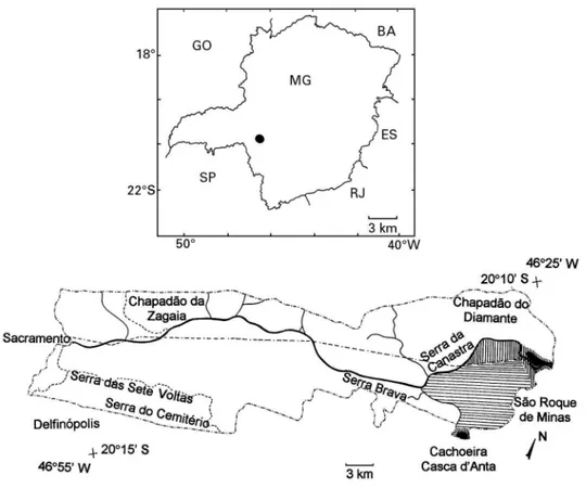 Figura 1. Localização do Parque Nacional da Serra da Canastra no estado de Minas Gerais, e mapa do Parque indicando as principais serras e chapadões ( -.-.-
