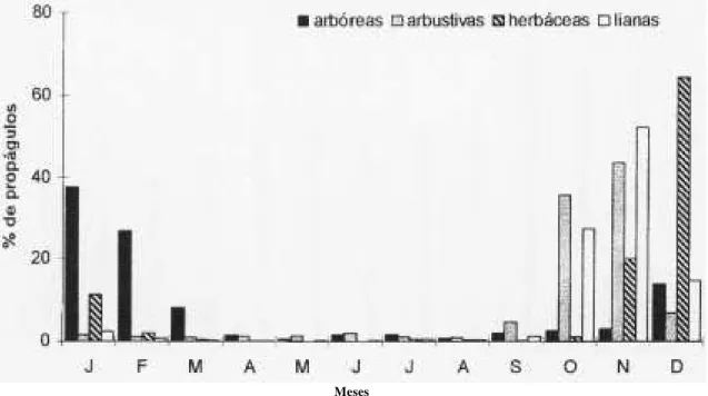 Figura 3. Porcentagem mensal de propágulos das diferentes formas de crescimento, amostrados em peneiras coletoras no Parque do Estado, SP.