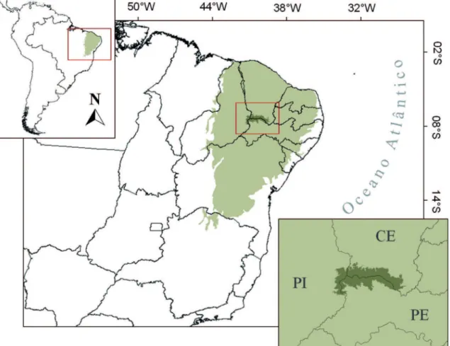 FIgURA 1: Localização da Chapada do Araripe, na Caatinga brasileira (em verde), nordeste do Brasil.