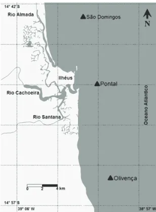FIGURA 1: Área de estudo na região de Ilhéus (BA), com indica- indica-ção dos locais de coleta (São Domingos, Pontal e Olivença).