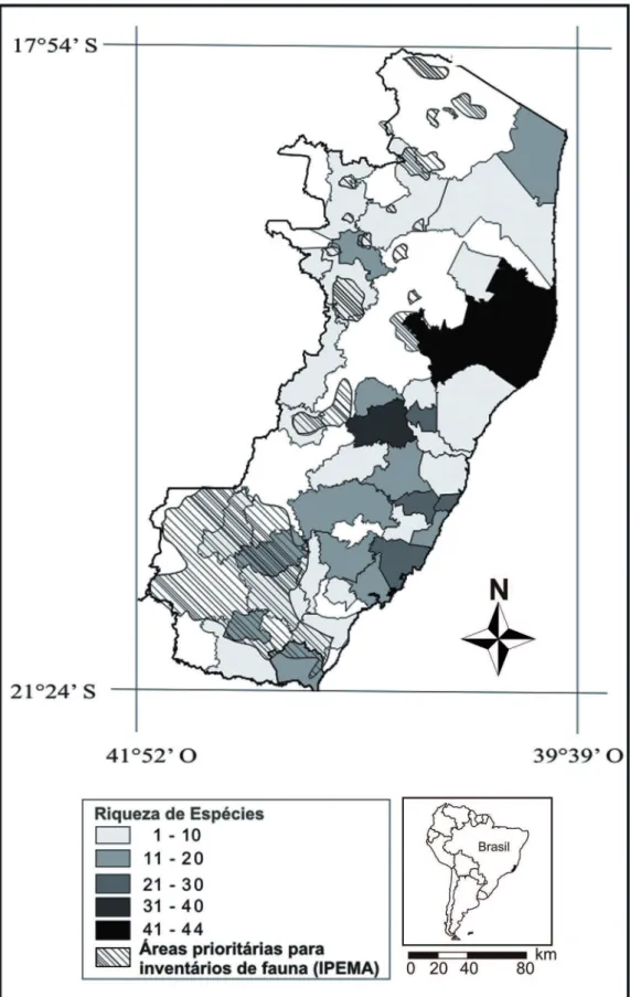 FIGurA 3: Riqueza de espécies em cada município do Espírito Santo com amostragem de morcegos e sobreposição com o mapa de áreas  prioritárias para inventários de fauna de acordo com IPEMA (2004).