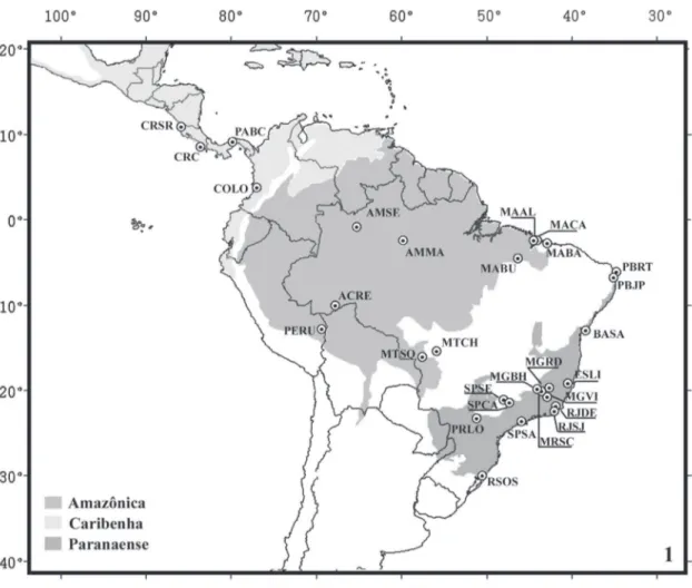 FIgurA  1:  Mapa  com  localidades  de  assembleias  de  Euglossina  selecionadas  para  análise  de  ordenação  e  suas  respectivas  sub-regiões  biogeográficas