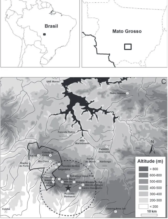 FIGURA 1: Localização da área de estudo em nível nacional (A) e estadual (B). Localidades amostradas (C) na região da Chapada dos  Guimarães, Mato Grosso, Brasil