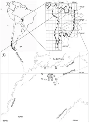 FIGURA 1: Mapa com a localização das parcelas de amostragem  em: a = América do Sul; b = Pantanal; c = mesopotâmia entre os rios  Cuiabá e São Lourenço
