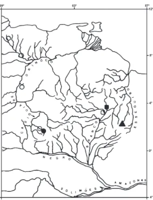 FIGURA 1. Distribuição geográfica para A. rupununi Fowler (tri- (tri-ângulo), A. clavitaeniatus sp