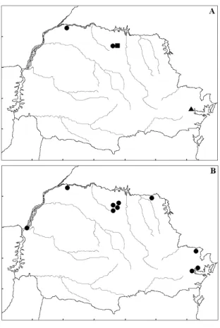 FIGURA 11. Registros de ocorrência de: A) C. doriae ( O ), C. villosum (Q) e S. tildae (V); B) P