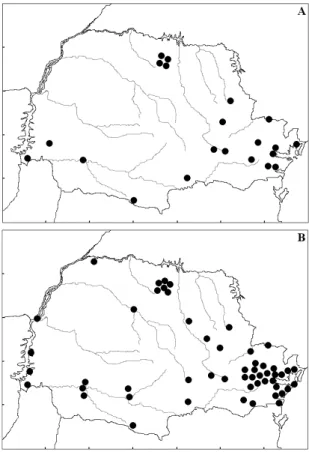 FIGURA 12. Registros de ocorrência de: A) P. bilabiatum; B) S. lilium, no Estado do Paraná.