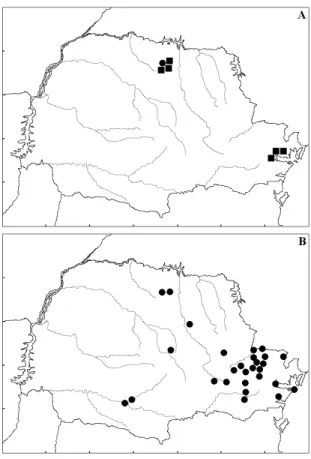 FIGURA 14. Registros de ocorrência de: A) D. youngi  (O)  e D. ecaudata (Q); B) E. brasiliensis, no Estado do Paraná.