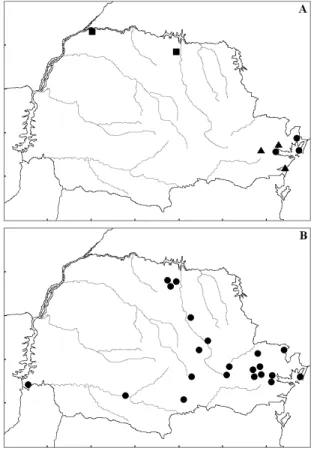 FIGURA 5. Registros de ocorrência de: A) P. macrotis  ( O ), N. albiventris (Q) e N. leporinus (V); B) C