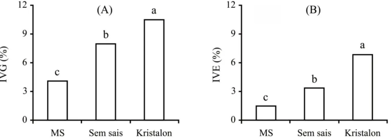 Figura 2. (A) - Índice de velocidade de germinação (IVG) (CV % = 18,7) e (B) - Índice de velocidade de  emergência (IVE) (CV % = 27,7) de sementes de Handroanthus chrysotrichus inoculadas in vitro em 