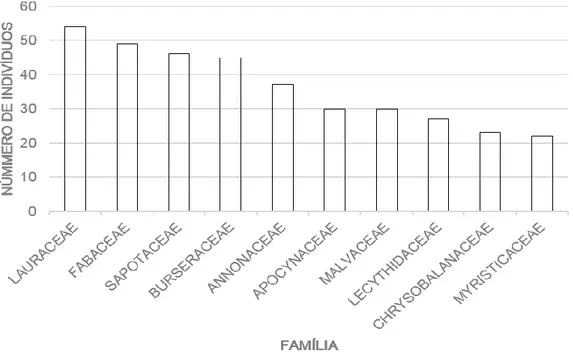 Figura 2 - Número de indivíduos presentes nas dez famílias com maior representatividade amostral na área de estudo