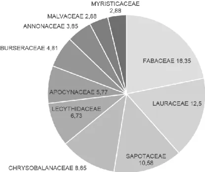 Figura 3 - Distribuição em porcentagem de espécie por família, Porto Grande, Amapá, Brasil