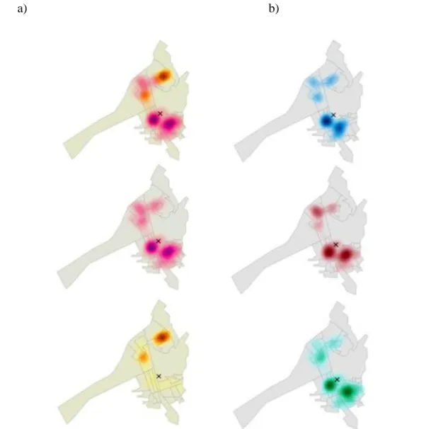 Figure 7: a) Spatial representation of the health self-concepts distribution in each micro area related to the location of  HCJE (X); b) Usage pattern of the HCJE (X) by the participants of survey