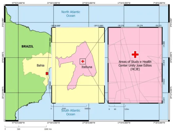 Figure 1: Precise location of the studied population attended by the Health Centre Unity José Edites (HCJE) in Itabuna,  South Bahia, Brazil