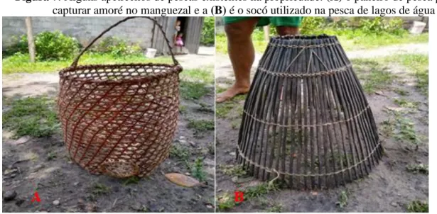 Figura 7: Alguns apetrechos de pescas existentes na propriedade. (A) o paneiro de pesca para  capturar amoré no manguezal e a (B) é o socó utilizado na pesca de lagos de água doce