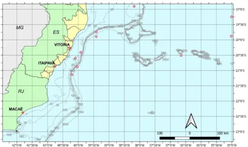 Figura 1: Localização dos pontos de pesca da frota atuneira de Itaipava-ES. 