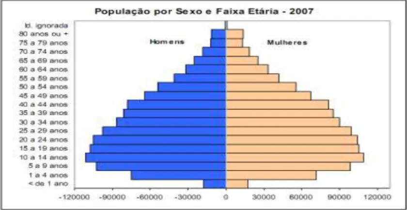Gráfico 02. População por sexo e faixa-etária em Mato Grosso do Sul – 2007. 
