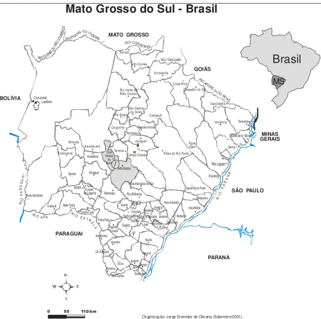 Figura 1: Mapa do Estado de Mato Grosso do Sul com destaque para os municípios de  Sidrolândia e Dois Irmãos do Buriti, onde está indicada a Terra Indígena Buriti