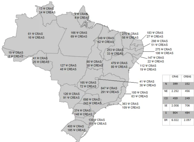 Figura 1. Mapa de distribuição dos psicólogos no SUAS  Fonte dos dados: CadSUAS Jan.2011 