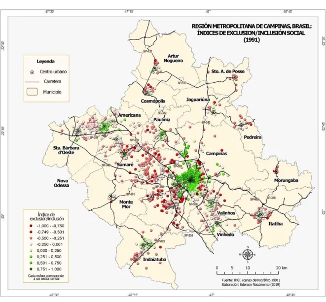 Figura 2: Espacialización de la exclusión/inclusión social en la RMC en 1991. 