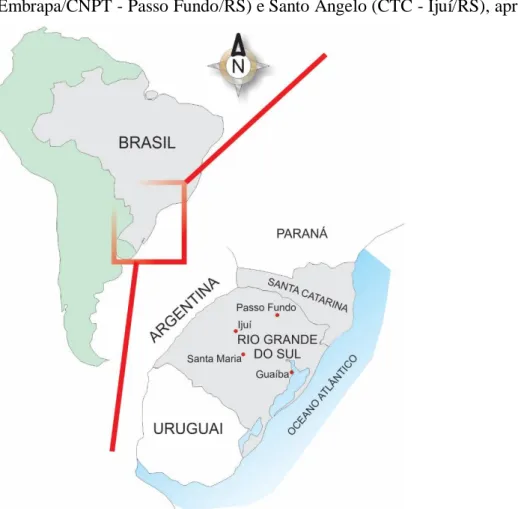 Figura 1 - Mapa com as localidades de Guaíba/RS, Santa Maria/RS, Passo Fundo/RS e Ijuí/RS para obtenção do índice  de erodibilidade do solo