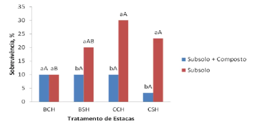 Figura 1. Porcentagem de sobrevivência de estacas nos diferentes tratamentos aos 120 dias após o plantio