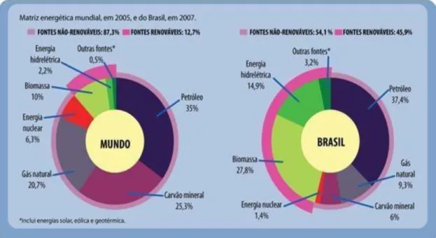 Figura 1: Matriz energética mundial em 2005, e do Brasil em 2007. 