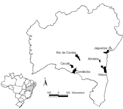 Figure 1. Map of the state of Bahia showing the regions (cities) where must samples were collected