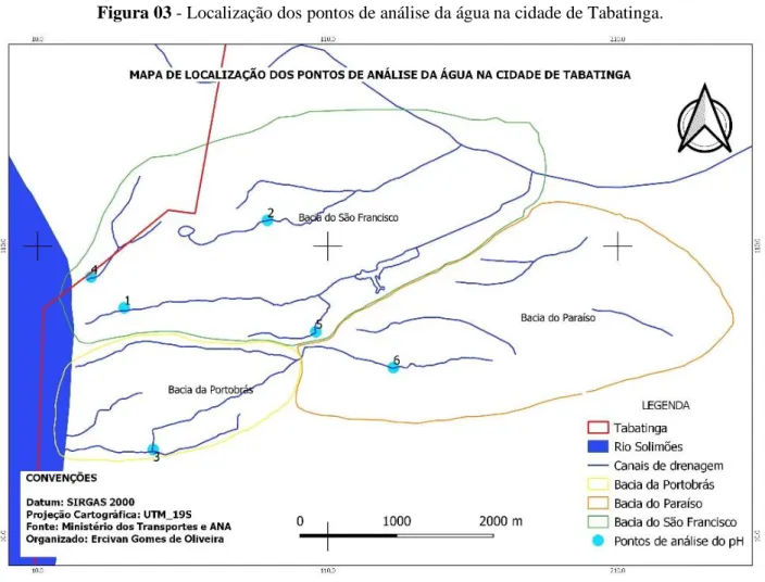 Figura 03 - Localização dos pontos de análise da água na cidade de Tabatinga.