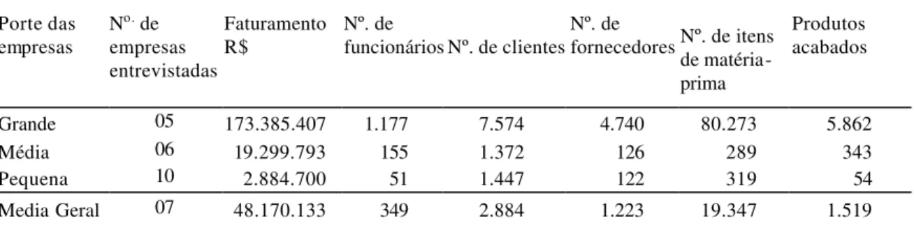 Tabela 2: Características gerais do negócio no setor de máquinas e implementos agrícolas -  médias por portes das empresas 