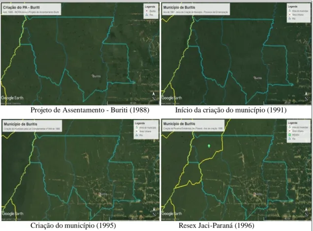 Figura 1. Período de criação dos projetos de assentamentos até a criação da RESEX  Fonte: Google Earth Pro 7.3 com adaptação dos autores (2019)
