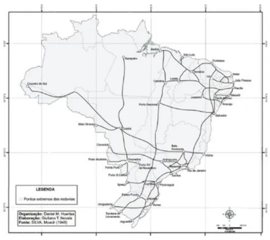 Figura 2: Mapa contendo vias propostas pelo Plano Rodoviário Nacional de 1944. 