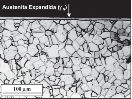 Figura 1 - Microestrutura da seção transversal do material nitretado sob plasma a 400°C.