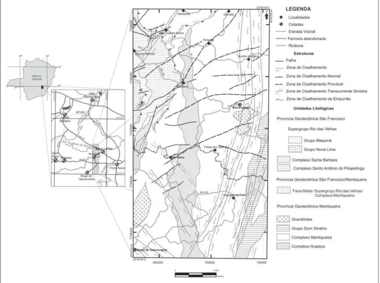 Figura 1 - Localização geográfi ca e mapa geológico do Complexo Acaiaca (Baltazar &amp; Raposo 1993).
