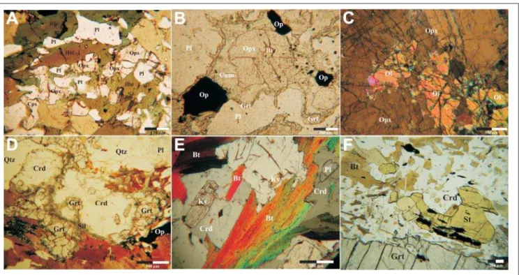Figura 4 - Fotomicrografi as de granulitos do Complexo Acaiaca. A: Granulito máfi co com Hbl mostrando zonamento de cor, núcleo castanho  e borda esverdeada (LPP)