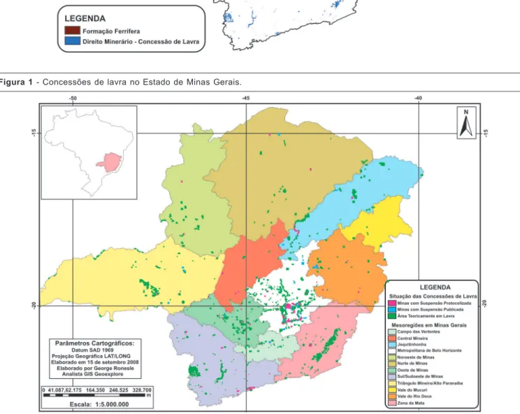 Figura 2 - Mapa georeferenciado de Minas Gerais mostrando a localização das minas e a sua classificação quanto à sua situação operacional.