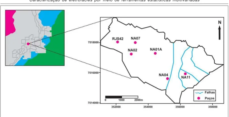 Figura 2 - Mapa de localização do bloco do Campo de Namorado e dos poços selecionados.