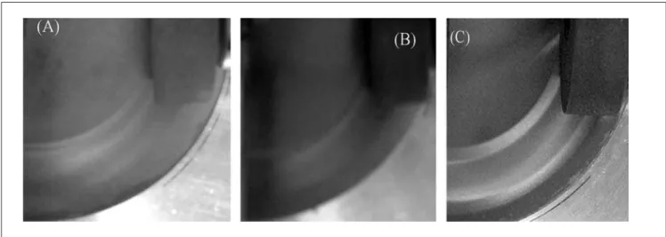 Figura 7 -  Fotos após 30 minutos de ensaio de resistência a abrasão; (A) 4 camadas de Al 2 O 3 ; (B) 4 camadas de ZrO 2 ; (C) sem revestimento.