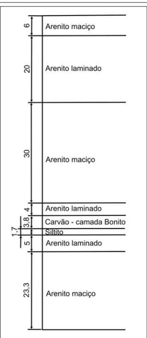 Figura 1 - Seqüência geológica e espessuras das rochas para a simulação numérica (medidas em metros).