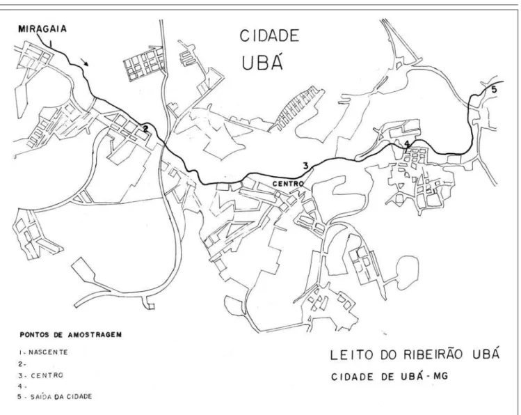Figura 1 - Pontos de amostragem no ribeirão Ubá.