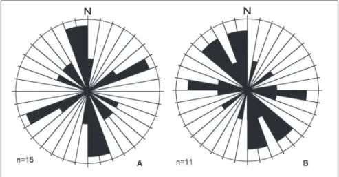 Figura 3 - Diagramas sinópticos produzidos com auxílio do software Stereonet® a partir de redes de Schmidt