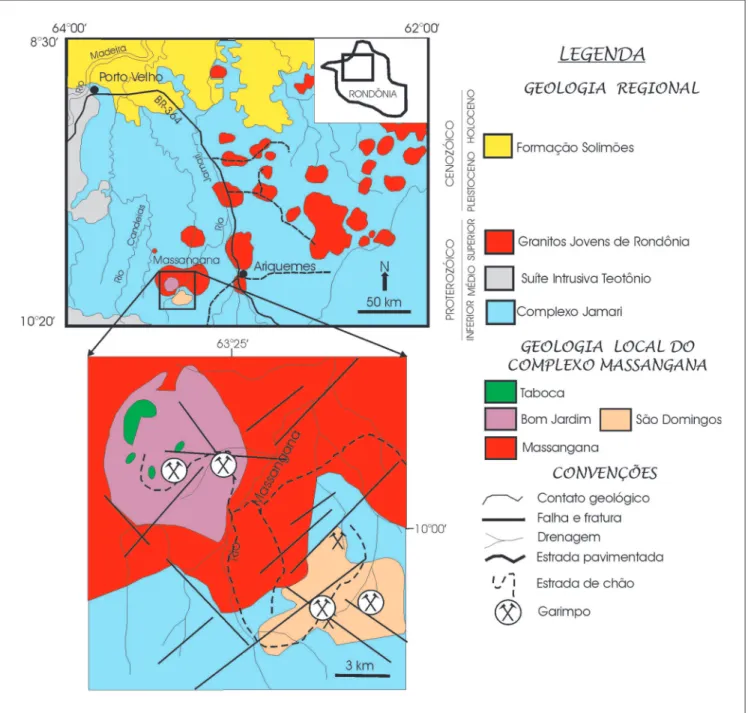 Figura 1 - Distribuição dos principais depósitos de estanho na Província Estanífera de Rondônia, destacando o mapa geológico do Complexo Granítico de Massangana (Bettencourt &amp; Dall’Agno, 1995).
